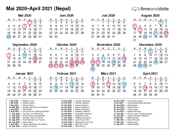 Kalender für 2020 in Nepal