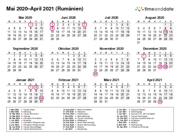 Kalender für 2020 in Rumänien