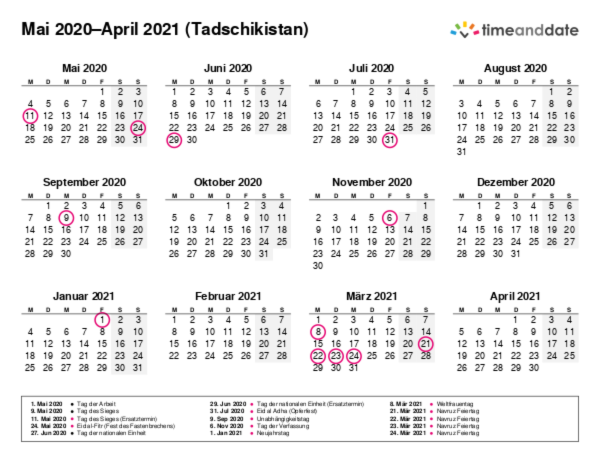 Kalender für 2020 in Tadschikistan