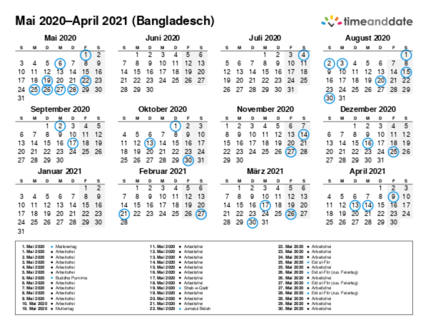 Kalender für 2020 in Bangladesch