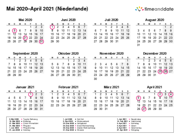 Kalender für 2020 in Niederlande