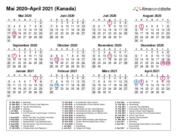 Kalender für 2020 in Kanada