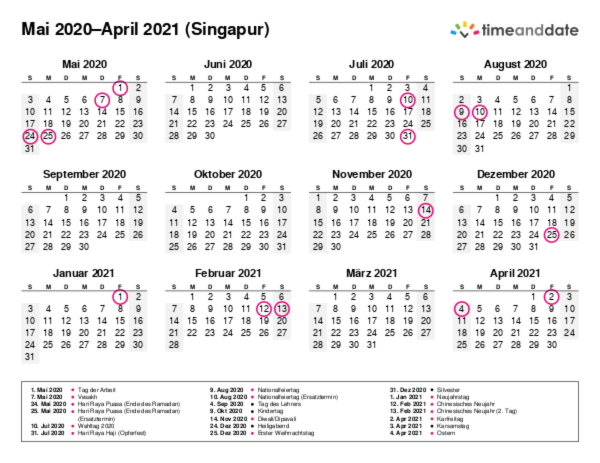 Kalender für 2020 in Singapur
