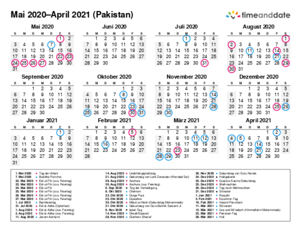 Kalender für 2020 in Pakistan