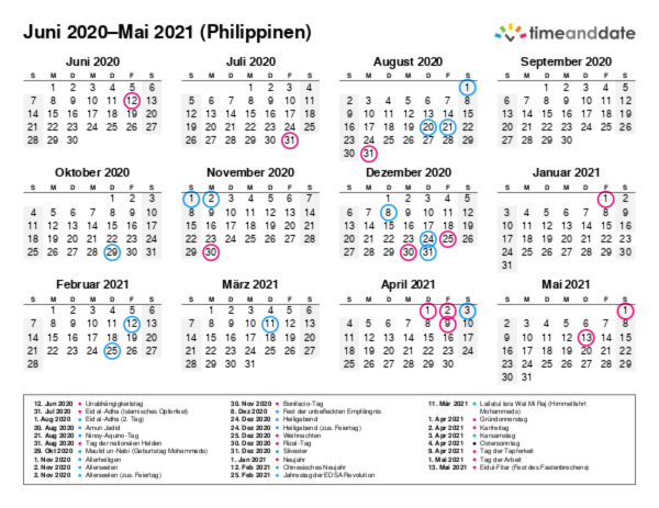 Kalender für 2020 in Philippinen