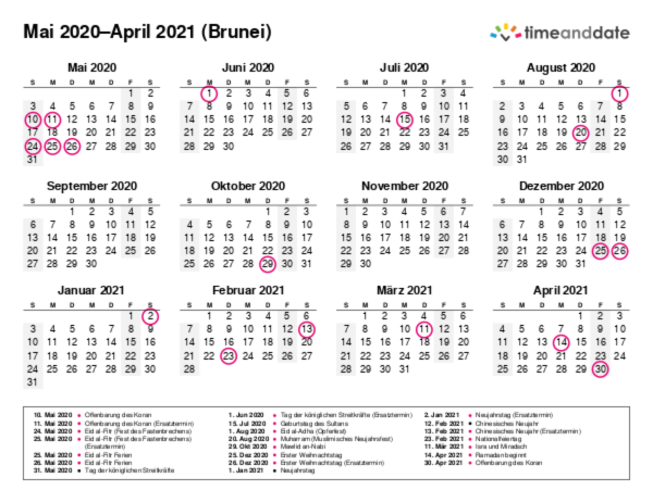 Kalender für 2020 in Brunei