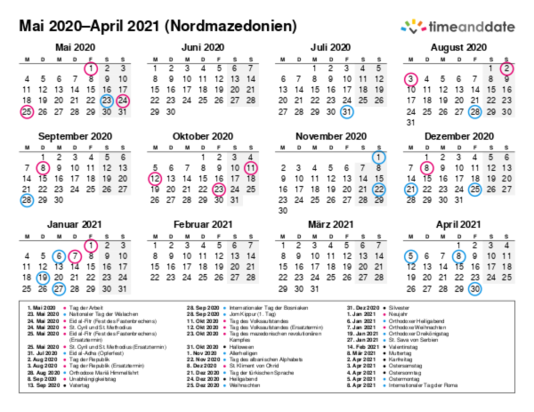 Kalender für 2020 in Nordmazedonien