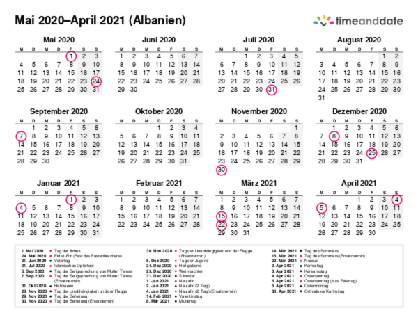 Kalender für 2020 in Albanien