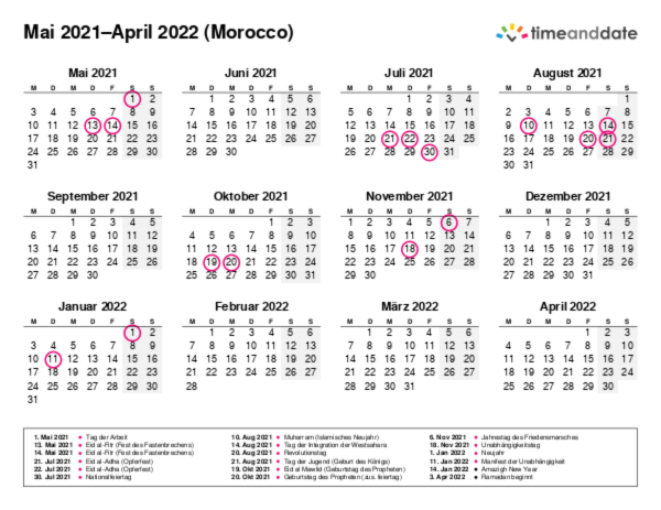 Kalender für 2021 in Morocco