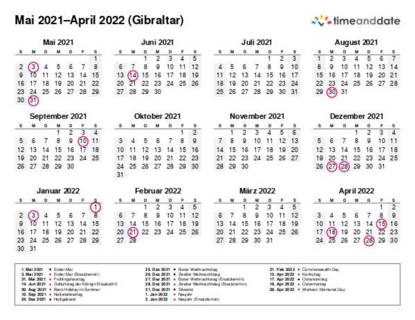 Kalender für 2021 in Gibraltar