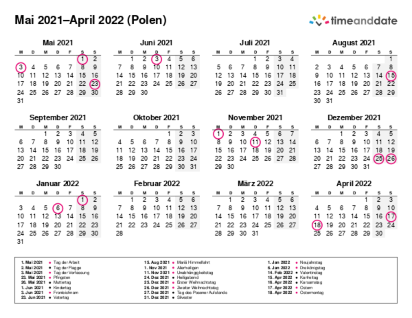 Kalender für 2021 in Polen