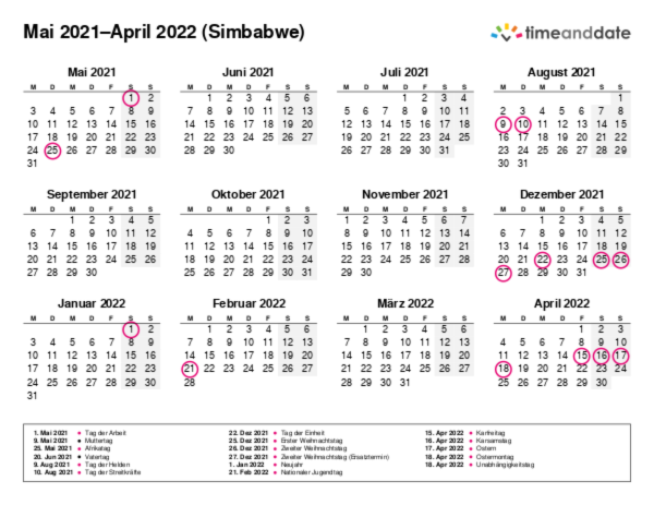 Kalender für 2021 in Simbabwe
