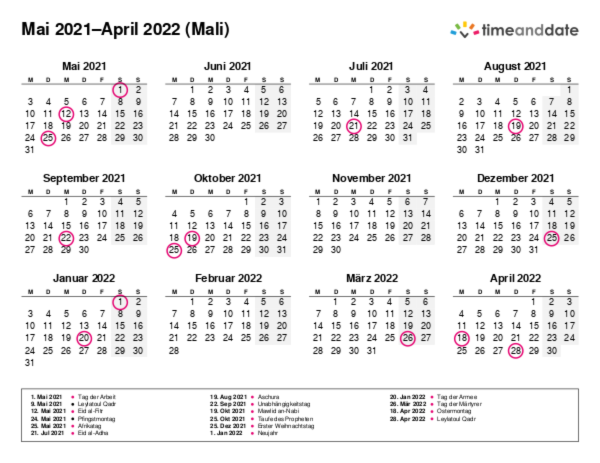 Kalender für 2021 in Mali