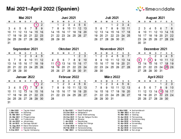 Kalender für 2021 in Spanien