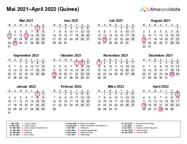 Kalender für 2021 in Guinea