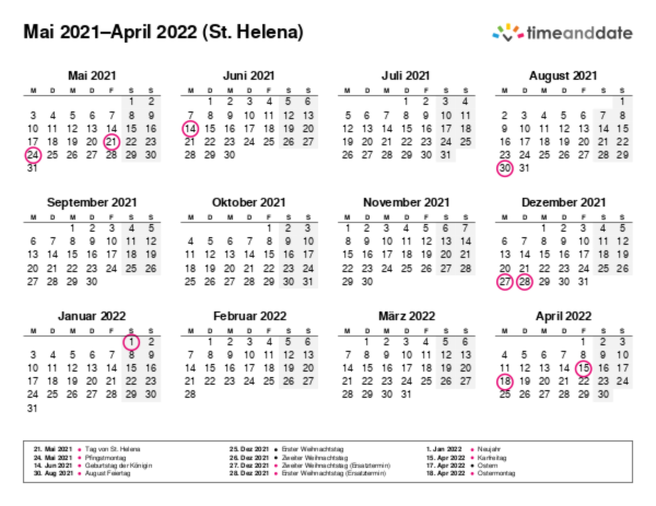 Kalender für 2021 in St. Helena