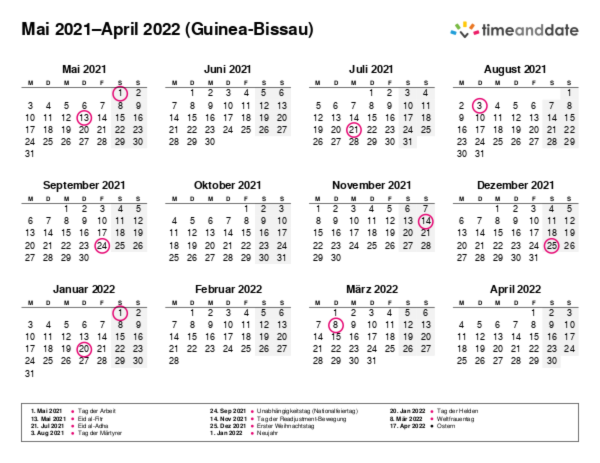 Kalender für 2021 in Guinea-Bissau