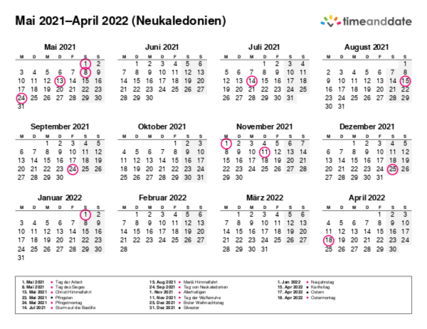 Kalender für 2021 in Neukaledonien