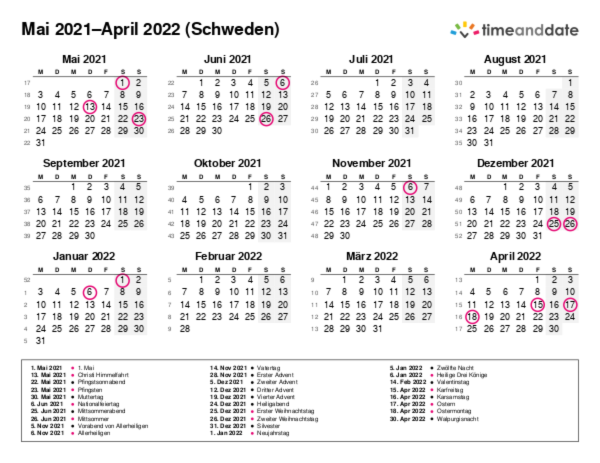 Kalender für 2021 in Schweden