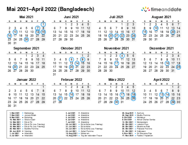 Kalender für 2021 in Bangladesch