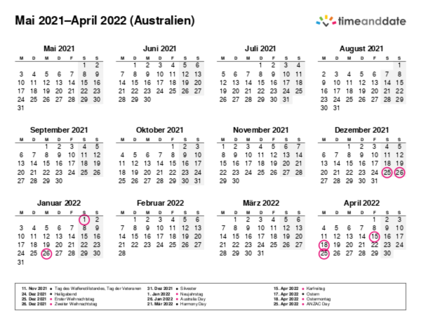 Kalender für 2021 in Australien