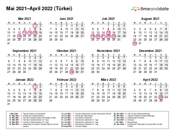 Kalender für 2021 in Türkei