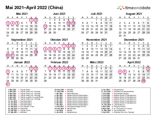 Kalender für 2021 in China
