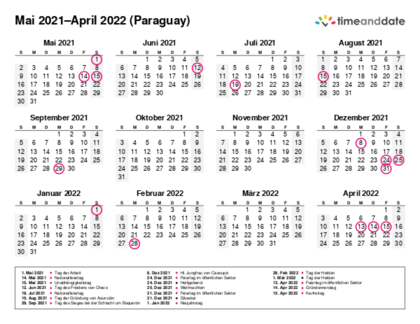 Kalender für 2021 in Paraguay