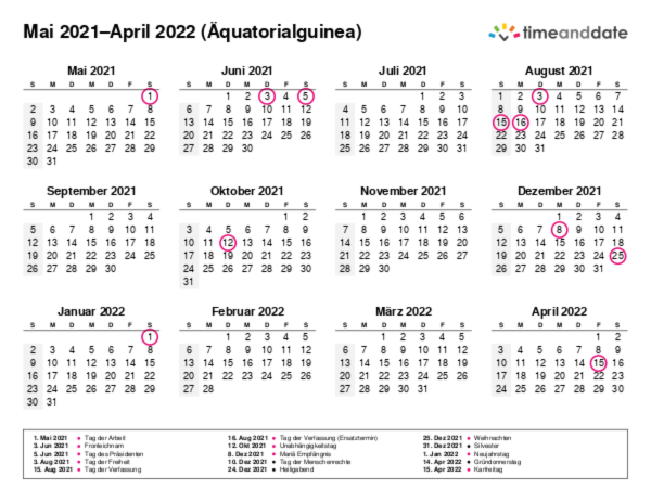 Kalender für 2021 in Äquatorialguinea