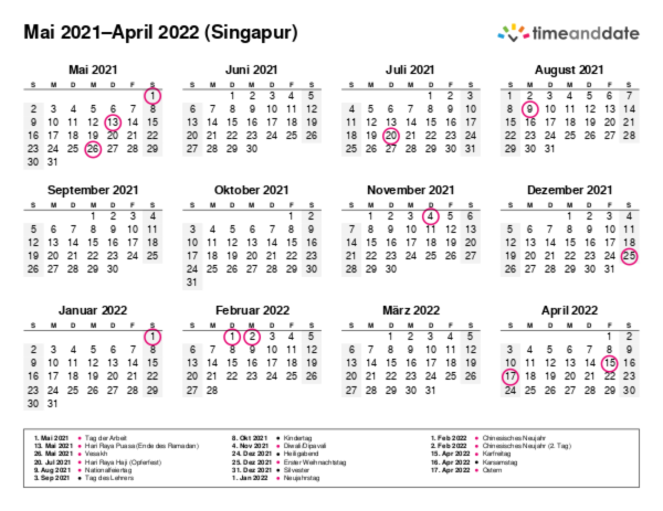 Kalender für 2021 in Singapur
