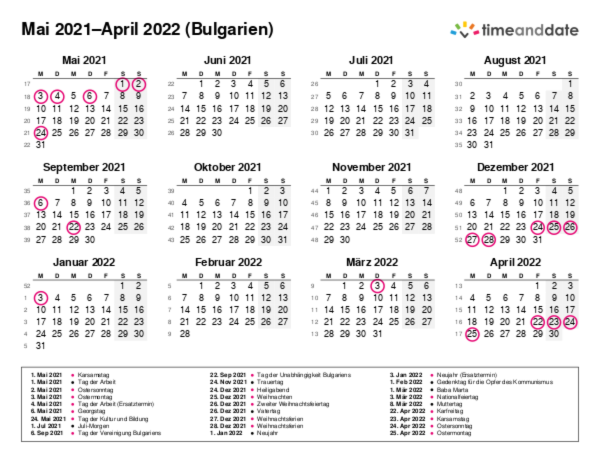 Kalender für 2021 in Bulgarien