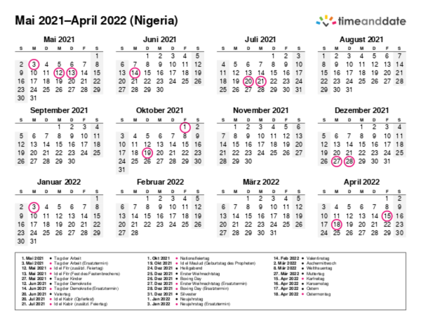 Kalender für 2021 in Nigeria