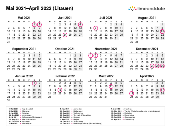 Kalender für 2021 in Litauen