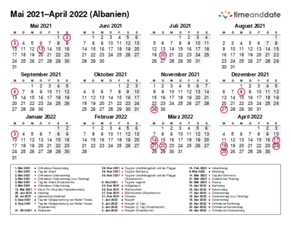Kalender für 2021 in Albanien
