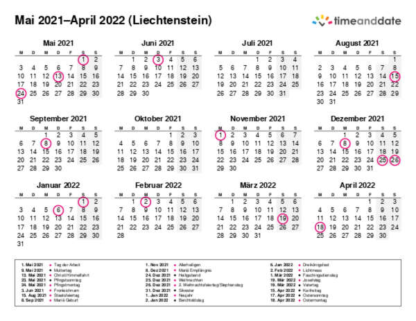 Kalender für 2021 in Liechtenstein