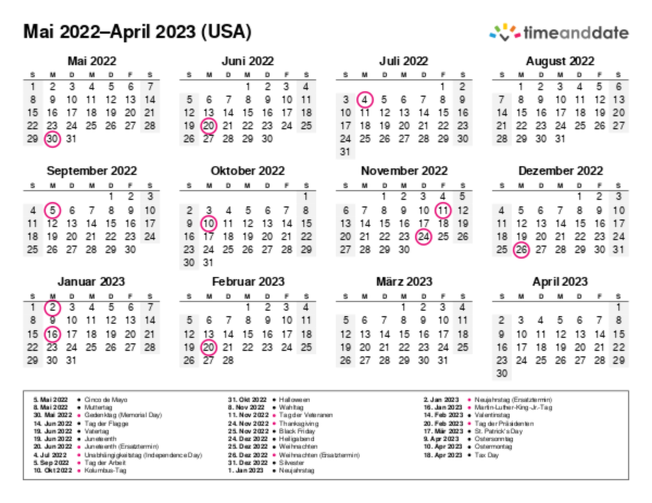 Kalender für 2022 in USA