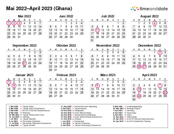 Kalender für 2022 in Ghana