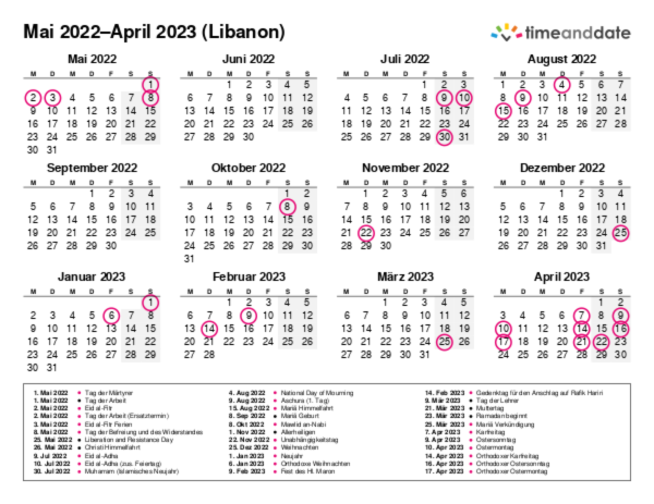 Kalender für 2022 in Libanon