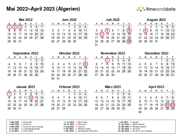 Kalender für 2022 in Algerien