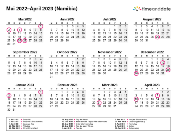 Kalender für 2022 in Namibia