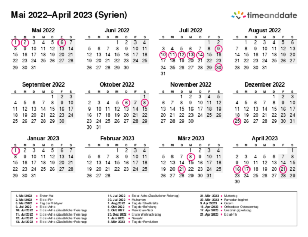 Kalender für 2022 in Syrien