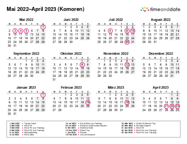 Kalender für 2022 in Komoren