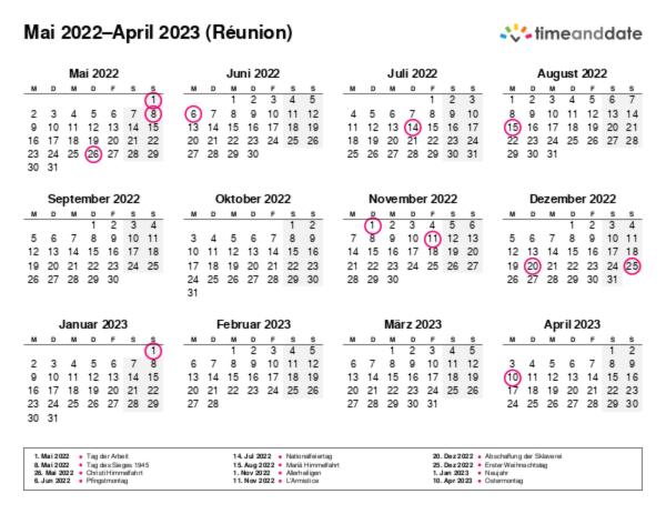 Kalender für 2022 in Réunion