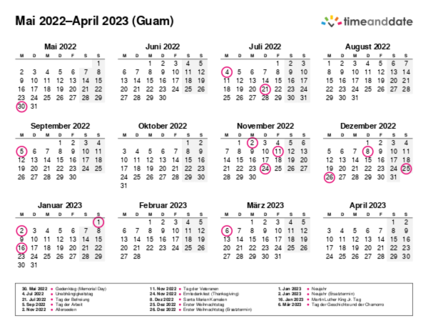 Kalender für 2022 in Guam