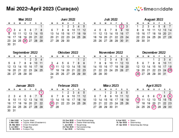 Kalender für 2022 in Curaçao