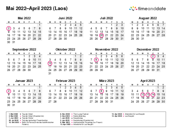 Kalender für 2022 in Laos