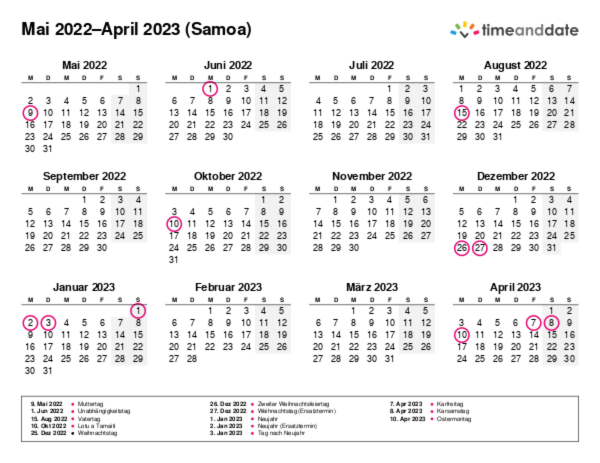Kalender für 2022 in Samoa