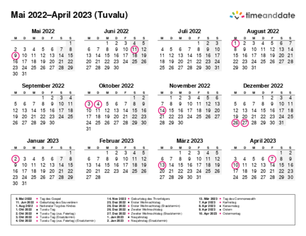 Kalender für 2022 in Tuvalu