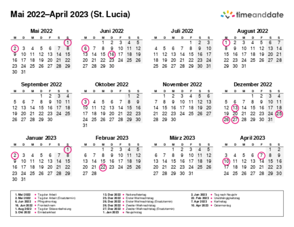 Kalender für 2022 in St. Lucia
