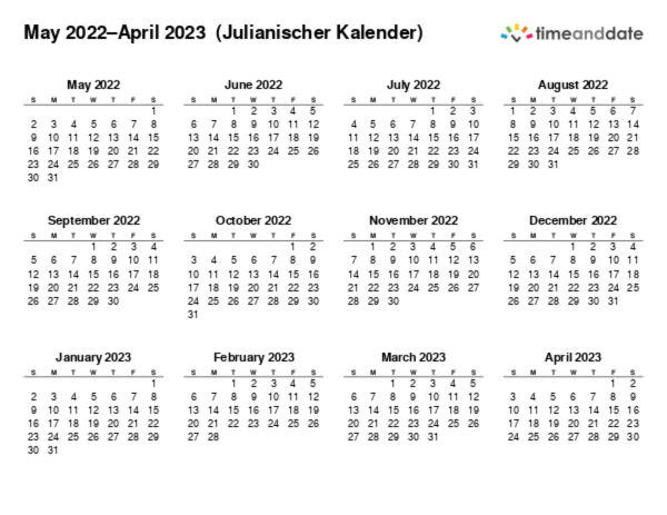 Kalender für 2022 in Julianischer Kalender